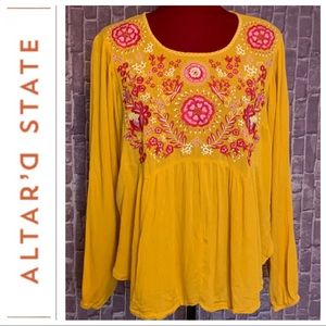 Altar’D State women’s Yellow Embroidered Crinkled Boho Top Size SMALL